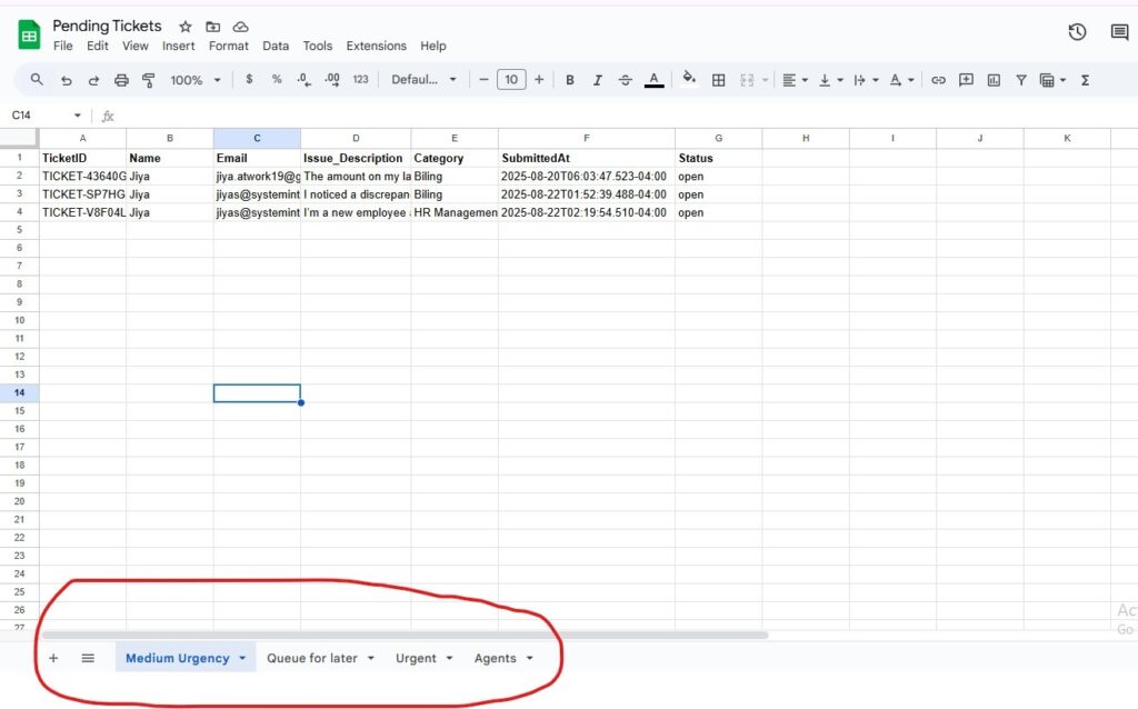 google sheet containing the ticket and names and other details of 'pending tickets'
