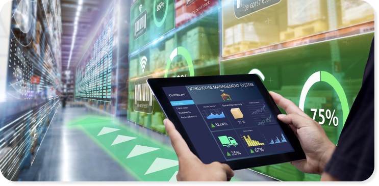 Smart warehouse inventory tracking dashboard on digital tablet